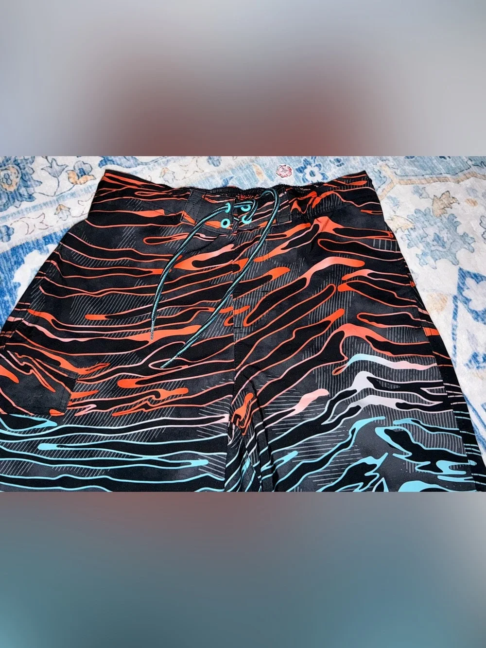 George Black and Coral Striped Swim Trunks